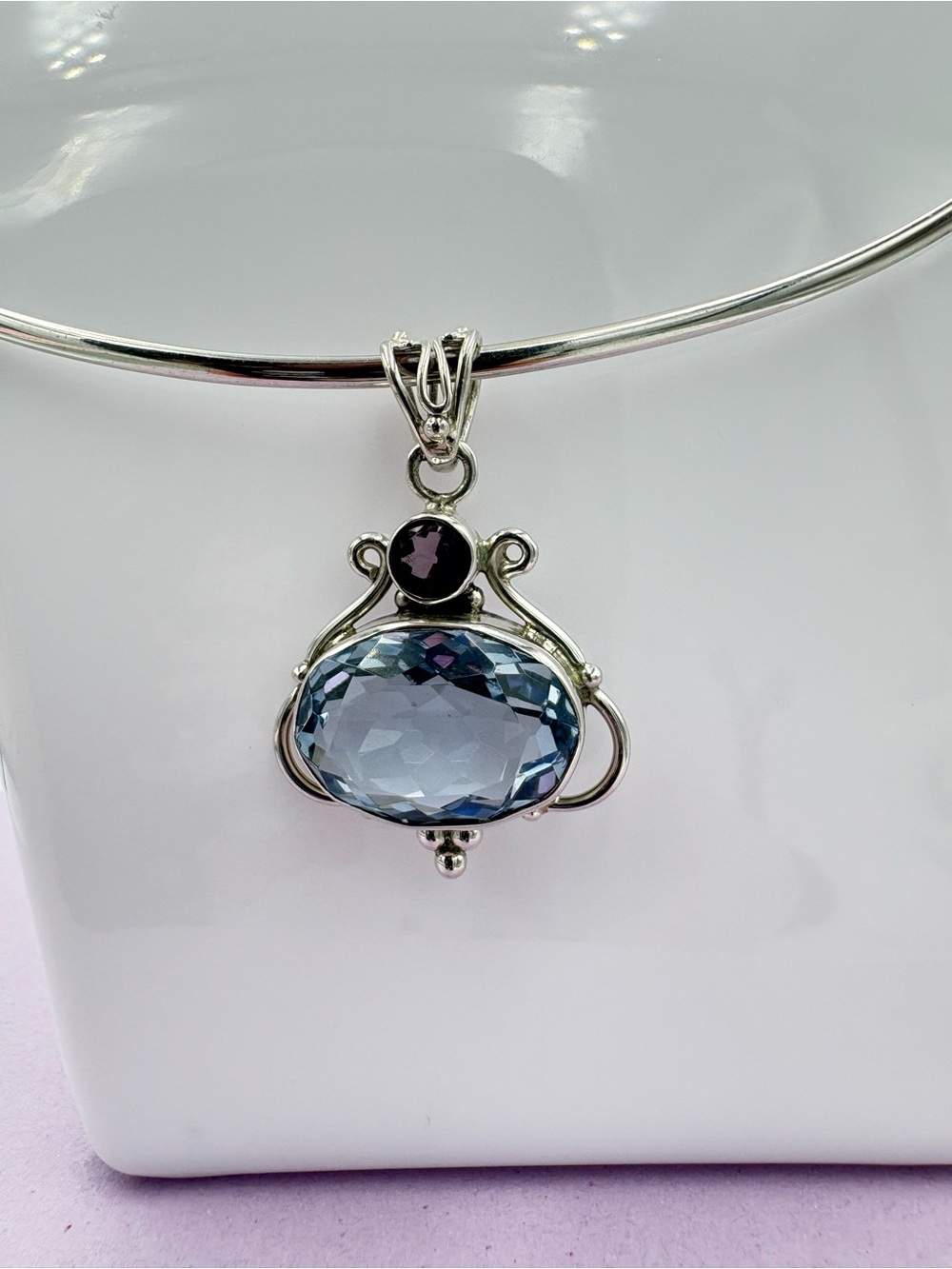 Elegant 925 Silver 10 CT Faceted Aquamarine & Amethyst Pendant - (Pendant Only) - Picture 9 of 16